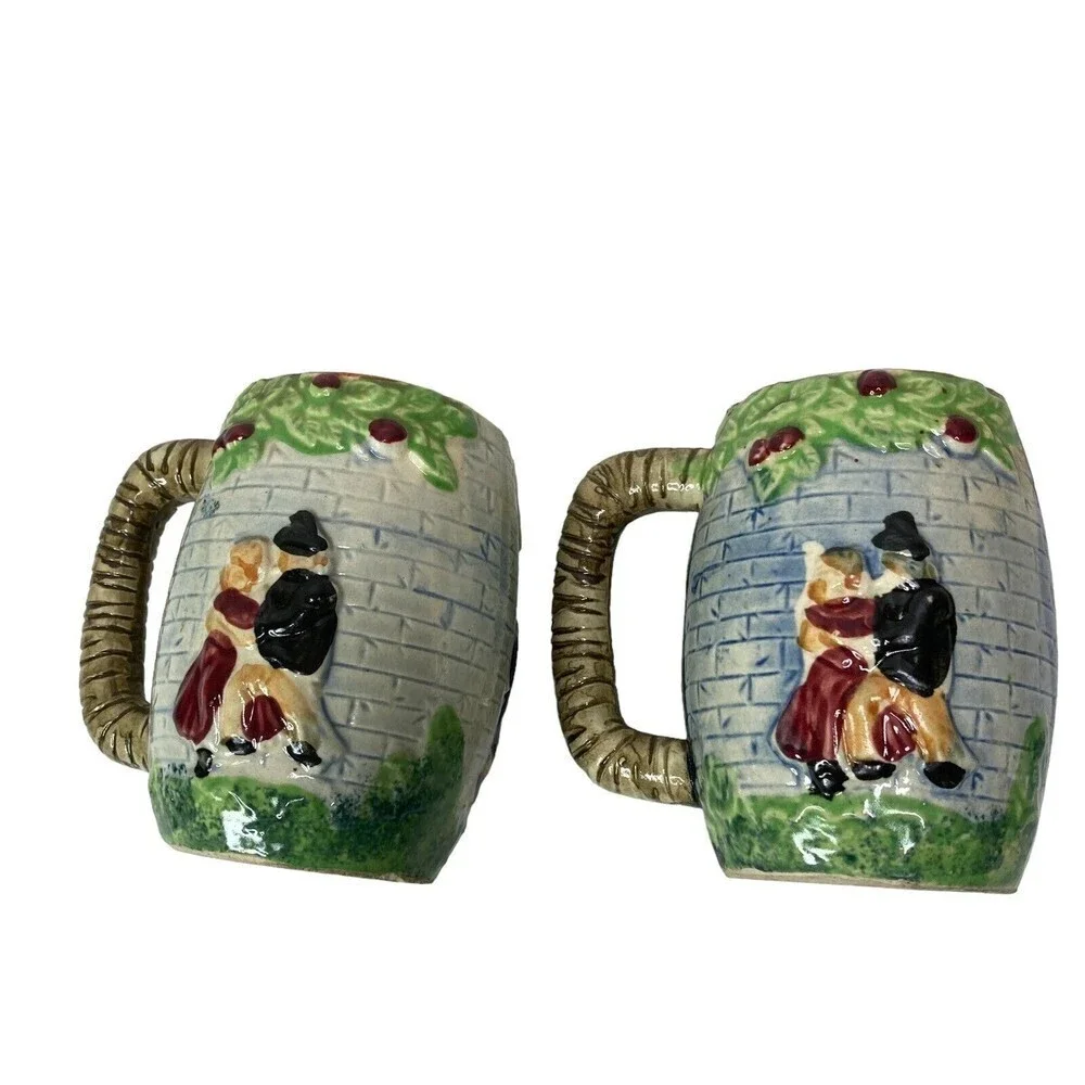 LOT of 2 Vtg 1940s Majolica Hand Painted Small Barrel Pitcher Japan‎ 4.5